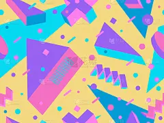 80年代风格的三维几何无缝图案。不同颜色的等距几何形状。设计包装纸，促销材料和织物。矢量图