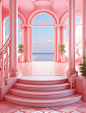 pink house with stairs and window, in the style of sci-fi baroque, romantic interiors, anime aesthetic, detailed marine views, light red and light gold, candycore, trompe l’oeil