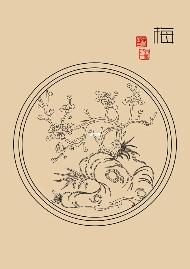 梅兰竹菊矢量线稿雕刻图样