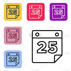 黑线日历图标孤立在白色背景上。事件提醒标志。圣诞快乐，恭贺新禧。设置图标的颜色方形按钮。向量