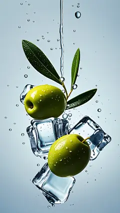 橄榄，新鲜，冰块，流体，水珠，气泡，静物摄影，海报，冲击力 (1)