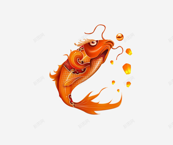 鲤鱼 锦鲤 手绘插画国潮风 年货节 中国...