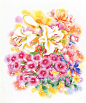 植物　花水彩画イラスト　ユリやナデシコなど夏のブーケ花束水彩画イラスト