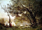 1、茂特芳丹的回忆 1864
《茂特芳丹的回忆》这是科罗晚期最成熟、也是最具代表性的风景画杰作之一。摩特枫丹位于巴黎以北桑利斯附近，科罗有感于那片美丽的风光，这幅画是他对那里的回忆之作。湖畔森林，晨雾初散，一片清新，一棵大树向四周伸展，前面一棵小树显出婀娜多姿的舞蹈美，给画面平添了诗意，妇女的红裙与头巾是全画的最强音。整个画面，显得细声细雨，和谐一致。这是一幅似梦似幻的抒情风景画。