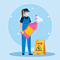 Woman worker of cleaning service wearing medical mask, with cleaning spray and caution sign wet floor i Premium Vector