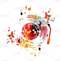 五颜六色的留声机记录与音乐笔记和蝴蝶隔离在白色背景，音乐节海报 