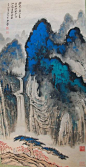 張大千 -《聽泉入山麓圖》              1980年作, 136x69cm (立軸對屏之二)題識：「聽泉入山麓，訪舊到松源，蹤跡無知處，高枝一掛猿。六十九年夏日大千張爰。 」四式鈐印︰張爰之印、爰皤、三千、摩耶精舍。          Zhang Daqian