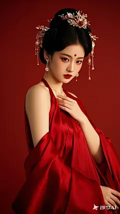 帮我生成一张模特的照片，美妆模特，以红色调为主高清，半身照片，红色背景，红色丝绸裙，姿势妖娆中国风美女 (3)