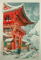 雪在Kamigamo神社，京都，1953年由Asano Takeji