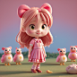 00061-2073858360-A little girl of five or six years old is walking on the grass, dressed in pink clothes, with a large pink bow on her head, long