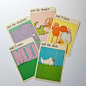 1 vintage double sided art card. Sold individually. Choose from the drop down menu.Each card has 2 sides: noun / verb- and 3 birds / sat- and 5 cows / froze- and the duck / rolled- and the elephant / got hit- and the dragon / hiccupedCards are from an edu