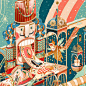 Victo Ngai - Mixc World Christmas : To capture the magical feeling of Xmas, I worked with the idea of "the infinite possibilities of gifting", represented by the box within the box within the box and the multiple Mixc Elephants and Little Girls.