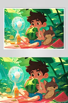 AI数字艺术夏季吃西瓜卡通插画-众图网