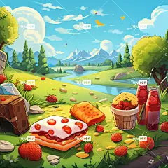 绿草如茵的野餐场景，甜甜圈、果汁盒、三明治和一瓶水，蓝天上有