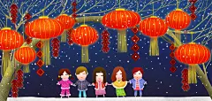 新年手绘年味团圆插画背景中国喜庆传统元素PSD春节装饰设计素材-淘宝网