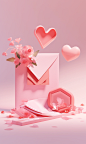 Valentine's day theme with envelope, flower and ribbon on light surface with heart shape, in the style of playful streamlined forms, light pink, brandon woelfel, miniature sculptures, bold geometric minimalism, monochromatic simplicity, eye-catching detai