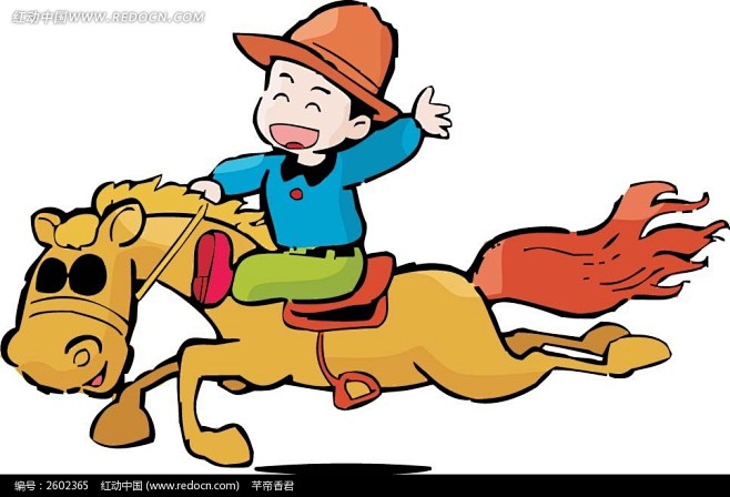 笑着骑马的男孩卡通画插画|卡通画|卡通人...