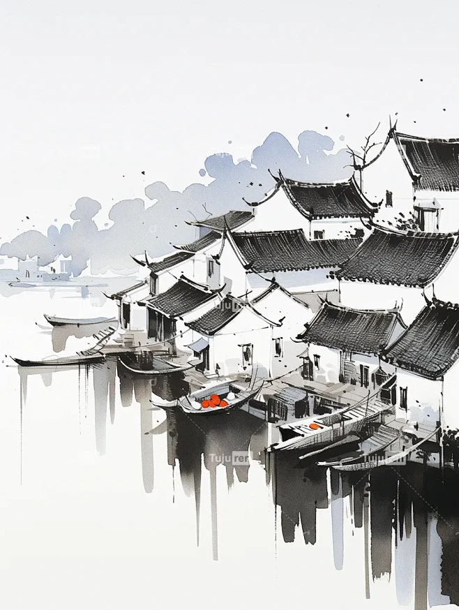 写意江南水乡青泉烟雨中国古代乡村风光鸟瞰全景海报-花瓣网