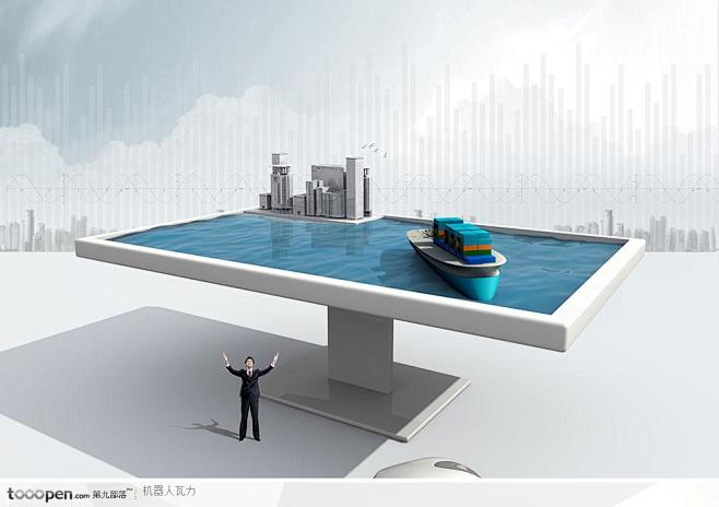 创意商业设计-平台水中的货轮图片下载，现...