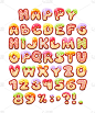漫画游戏甜字体的孩子字母卡通泡泡字体。色彩鲜艳的小写字母闪烁。圣诞卡通饼干字母，甜的冬天食物，数字，