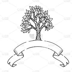 手绘素描树与丝带横幅。Zentagle模式矢量插图。