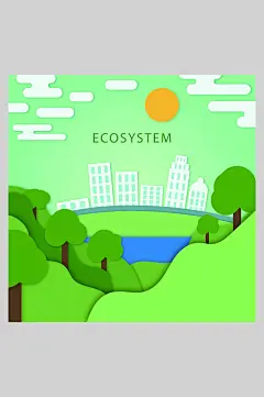 绿色清新高端大气简约城市建筑插画