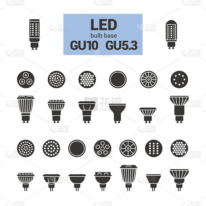 LED灯GU10灯泡矢量剪影图标设置