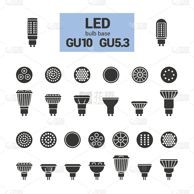 LED灯GU10灯泡矢量剪影图标设置素材-花瓣网