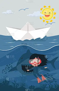 鲨鱼张开大嘴，带着女孩在海里潜水