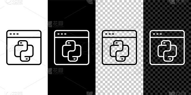 设置行Python编程语言图标隔离在黑白，透明的背景。Python编码语言在浏览器上签名。设备，编程