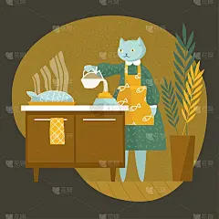 猫和衣服在厨房。烹饪。有趣的动物的生活。烤鱼，牛奶，家庭植物，食物，饭菜，围裙。矢量插图。卡通风格。
