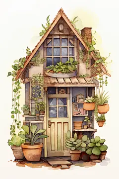 房子美术绿植房屋水彩画铅笔插画