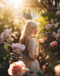 pastel and natural colors,slight depth of field will emphasize the lady and the roses，50mm lens, lifestyle photography, fine art, and ethereal design style, by Annie Leibovitz, Tim waller