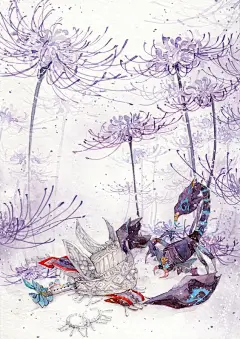 剑网三 同人 五毒教 紫色曼珠沙华 蝎子 手绘 插画 水墨 古风 中国风 @阿昕: 