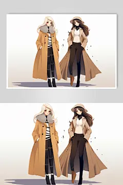 AI数字艺术时尚冬装闺蜜女孩卡通插画