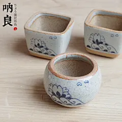 |呐良|多肉植物花盆 藤涼冰裂手绘青花盆 小浮世绘 粗陶 现货出窑-淘宝网