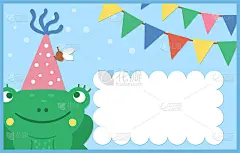 生日派对模板与可爱的动物。周年问候和安置卡或邀请与青蛙和旗帜在蓝色背景。明亮的预制节日活动设计的孩子