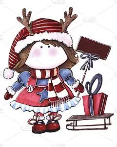 手绘圣诞插图与娃娃在红帽子与围巾和鹿角与雪橇和礼物