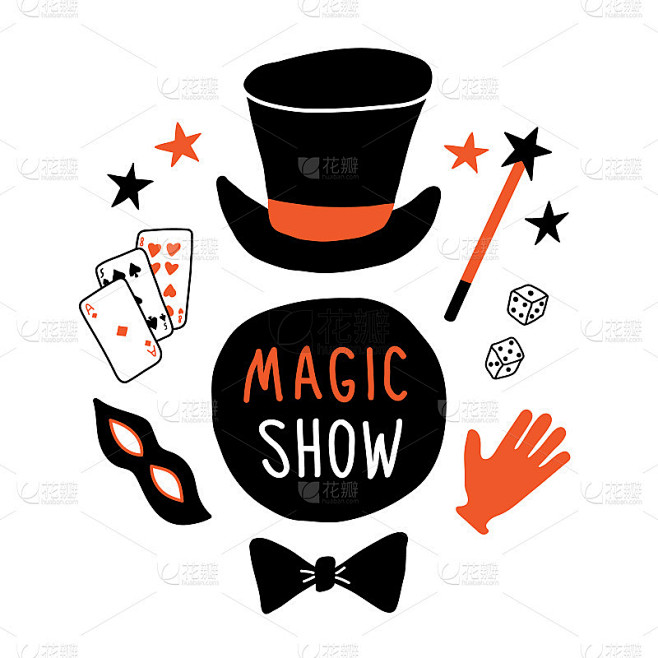 魔术表演横幅。魔术师装备，礼帽，面具，卡片，手套，魔术棒，领结，魔术师表演。有趣的涂鸦手绘矢量插图。