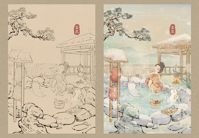 原创国风插画24节气·立冬_初雪泡温泉_...