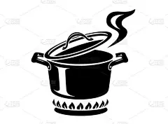 煮锅与蒸汽图标。徽标在简单的风格与厨房的过程。来自酋长火炉的味道。温暖的舒适和美味的食物。从高级厨房