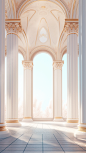 an elegant interior design with columns and arches, in the style of light white and gold, 32k uhd, classical portraiture, bryce 3d, ethereal minimalism, architectural focus, rococo pastel