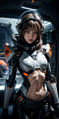  Inside the spacecraft,Alien astronauts,Full coverage helmet,side,Above the abdomen,Luminous mecha,Multi light source mecha,Orange mecha,Upper body,Full coverage spacecraft suit,Small vehicle model, realistic, science fiction