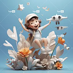 可爱的3D泥雕塑，一个可爱的小女孩在纸飞机上快乐地在空中飞行