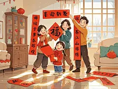 春节除夕 贴对联福字 插画素材 - 小红书