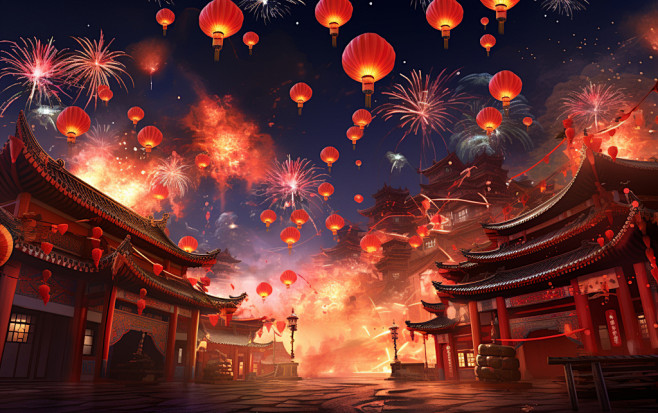 新年喜庆背景中国风建筑背景灯笼背景素材图