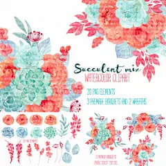 国外水彩手绘多肉叶子红花渲染抽象png免扣设计素材