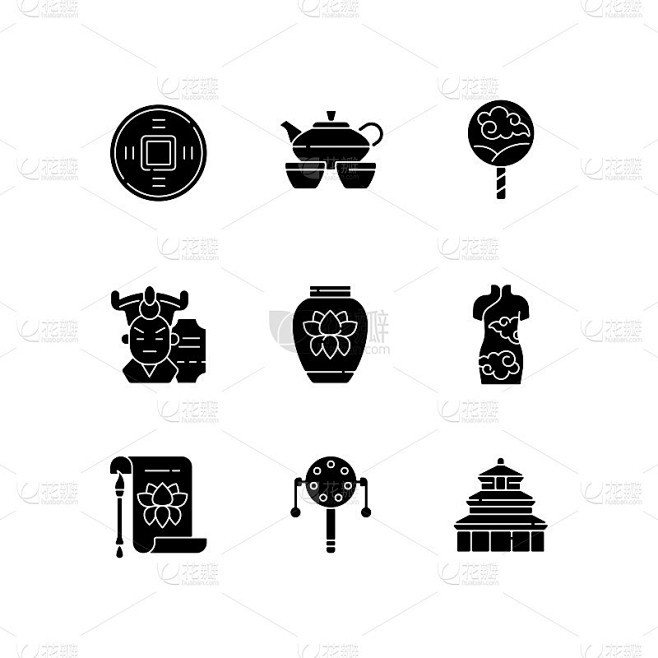 中国传统的黑色象形文字图标设置在空白