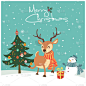 复古圣诞海报设计与矢量驯鹿, 雪人, 圣诞老人, 企鹅, 精灵字符.