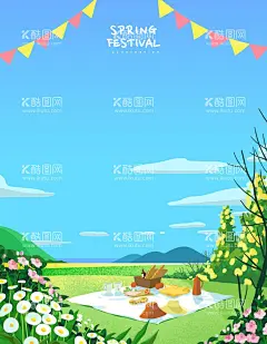 手绘插画风景郊游分图层海报  - 源文件下载【酷图网】手绘,插画,风景,郊游,原野,夏季,草原,田边,度假,休息,暑假,模板,素材,海报,春天,樱花,花,远景,树,矢量,云朵,场景,踏青,外景,自然,绿色,粉色,聚会,交友,交际,